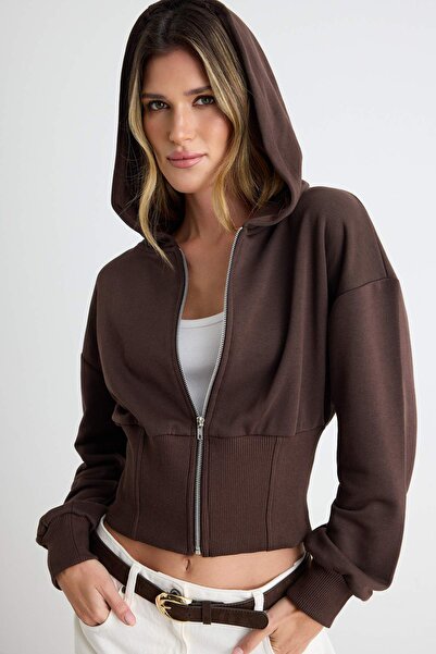 Trendyol Collection Dark Brown Thick Non-Embossed Waist-Fitted Hooded Zippere...