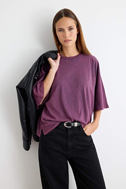 Trendyol Collection Plum Plain Oversize Crew Neck Three Quarter Sleeve Regula...
