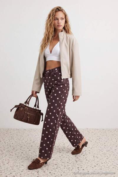 Trendyol Collection Multi-Colored Brown Polka Dot Patterned High Waist Wide L...