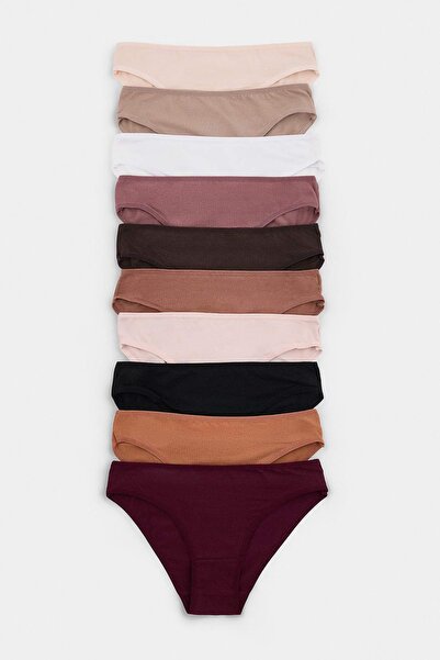 Trendyol Collection Brown-Multicolor 10-Piece Single Jersey Plain Slip Pantie...