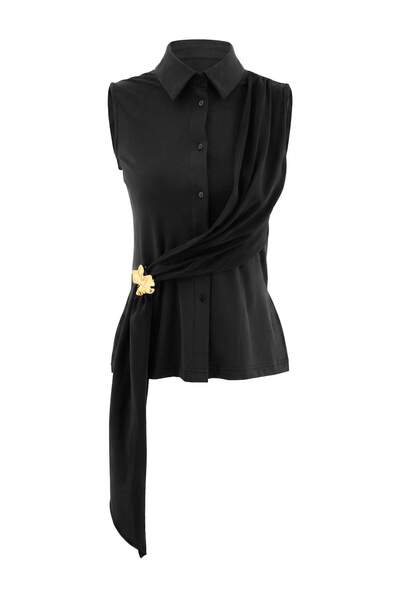 Trendyol Collection Black Plain Regular Polo Neck Belted Sleeveless Modal Fab...