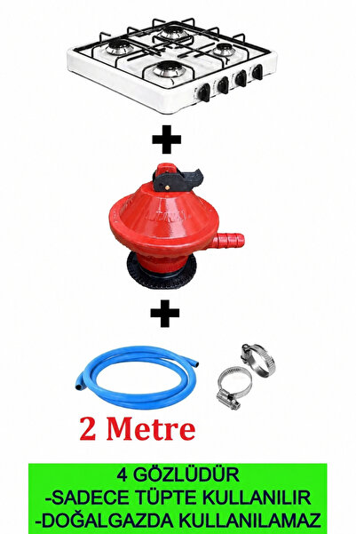 ELİSA 4 Lü BEYAZ RENK Set Üstü Lpg Tüplü Ocak 4 Gözlü Tüplü Ocak Tüp Hortumlu...