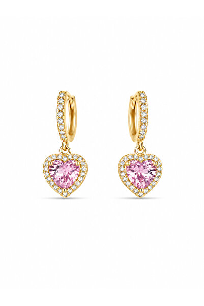 Clariss Brass Gold Pink Color Zircon Stone Heart Model Women's Earrings