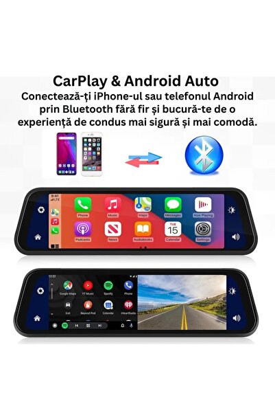 MOGODA Cameră de bord tip oglindă 4K față, 4K spate, 1080P, ecran tactil de 9.66 inch, WiFi, CarPlay, Android Auto, FM, Senzor G