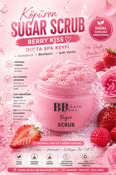 bb bath box Berry Kiss Köpüren Şeker Scrub,Selülit Görünümünü Azaltan Doğal P...