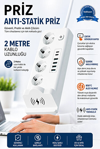 Vothoon Akım Korumalı Priz ve Masaüstü Şarj İstasyonu Kablosuz 4 Priz ,4 USB,...