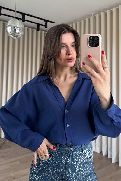 Sue Store Μπλε ναυτικό υπερμεγέθες πουκάμισο από ύφασμα Modal