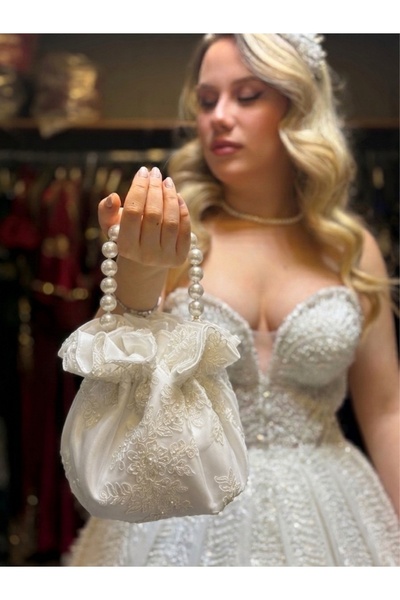 Bridal Luxe Dantel detaylı incili gelin çantası gelin kesesi