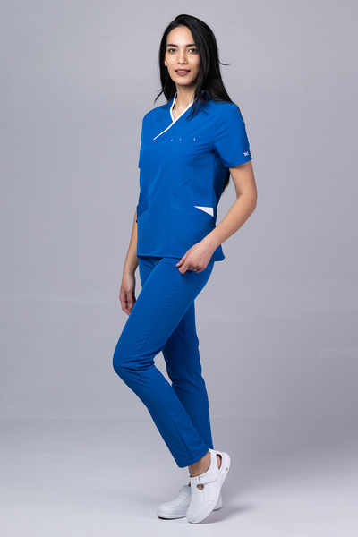 tag Costum medical ONYX Premium pentru femei, bleumarin cu bordură albă