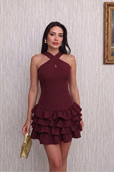 ALFUDO Moda Collection Bordo Çapraz Halter Yaka Katlı Fırfır Detaylı Mini Abi...