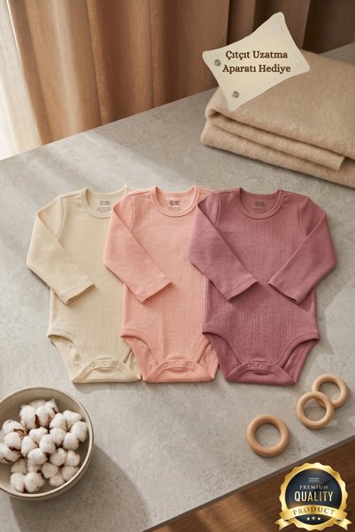 Huggy Mommy Premium Corded Fabric 100% Organic Cotton 3-Piece Baby Girl Long Sleeve Bodysuit Snap Badi Set