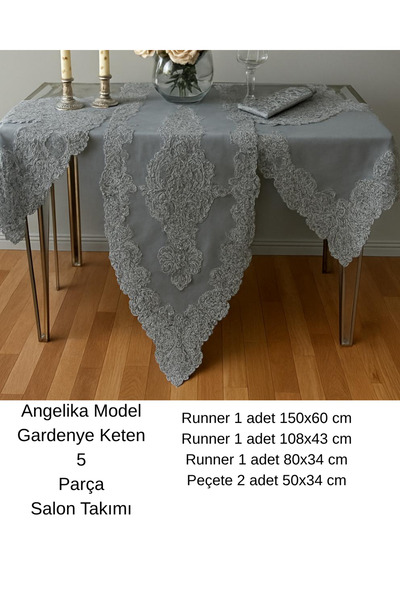 Ceki Home Σετ Ταπετσαρίας Σαλονιού, Γκρι Λινό, Γαλλική Δαντέλα, Προϊόντα Προί...