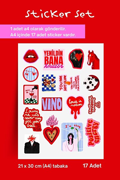 ArtDropsco 17 Adet Sticker Set Kırmızı Estetik Kolaj Modern Sanat Laptop Tele...