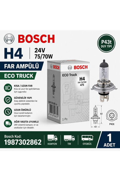 Bosch 1987302862 H4 24V 7570W ECO Truck Far Ampulü Tır Kamyon Çekici Uzun Kıs...
