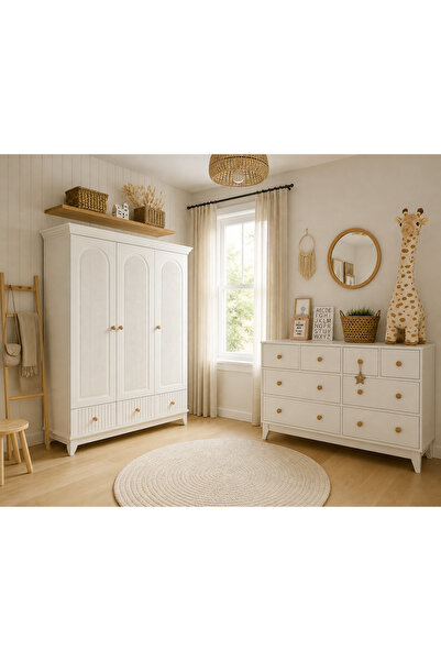 Koza Bohem %100 MDF Çizgili Desen 3 Kapılı Bebek & Çocuk Gardırop && Bonnie %100 MDF 8 Çekmeceli Şifonyer