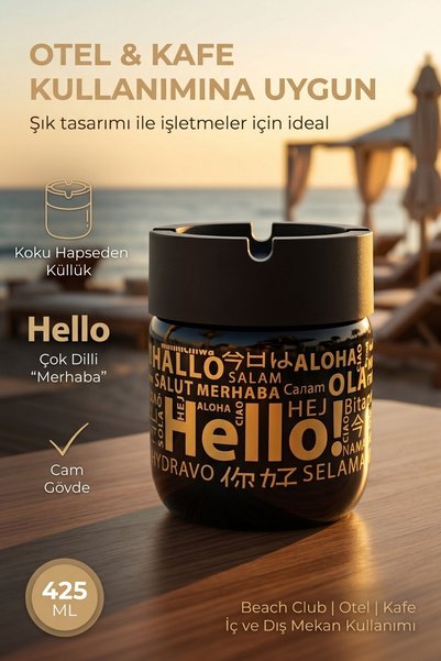 LE PARİS Hello Printed 2 Piece Glass Odorless Ashtray |   Smokeless |   Decorative Glass Ashtray with Anti-Wind Cover |   425 ml |   Black Yellow