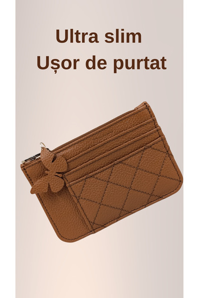 OEM Portcard slim piele naturală cu fermoar,6 carduri,compartiment buletin po...