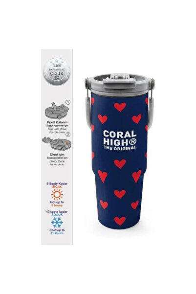 Coral High Navy Blue Red Heart Patterned Steel Thermos with Straw and Direct ...