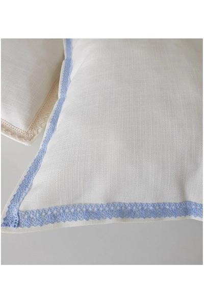 Fabric by Gülçin Keten Pamuklu Düz Krem Renk Açık Mavi Dantel Biyeli Yastık K...