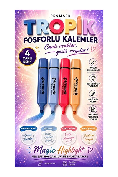 ANI OFİS KIRTASİYE A K 4’lü Pastel Tropik Renk Fosforlu Kalem Seti – Modern T...