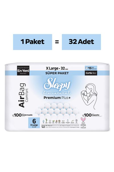 Sleepy بيو ناتشورال بريميوم بلس حفاضات أطفال مريحة مع تقنية الوسادة الهوائية، مقاس 6 إكس لارج، 32 قطعة