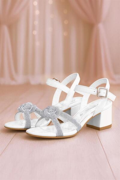 hapshoe Rochie de seara pentru fete din tricot alb Stone Pantofi cu toc gros