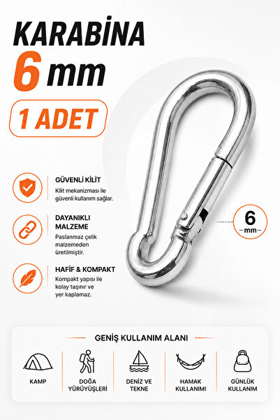 Badem10 Karabina 6 mm Yaylı 1 ADET Çelik Kanca Kilit Mekanizmalı Kamp Dağcılı...