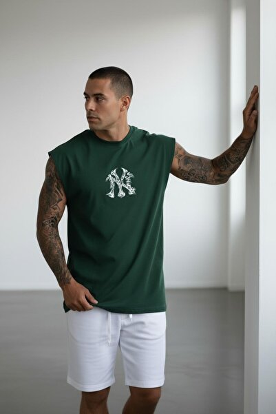 Altamira Erkek Yeşil NY Baskılı Oversize Kolsuz T-shirt