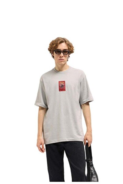 The Bear House Men's Grey Oversize Bold Graphic abstract Print Crew Neck T-sh...