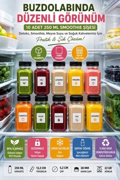 Open Home Concept 10 Adet Smoothie Detoks Şişesi Şeffaf Plastik Sızdırmaz Kapak Köşeli Meyve Suyu Şişesi 250 Ml