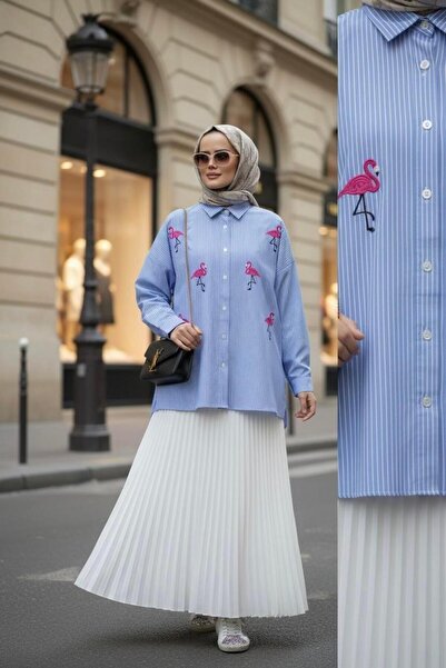 ASEL FASHİON Striped Pattern Poplin Embroidered Shirt Blue