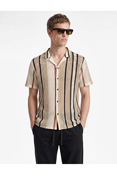 Koton Cotton Regular Fit Turn-Down Collar Openwork Striped Short Sleeve Shirt
