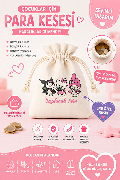 Morinna İsme Özel Hello Kitty My Melody Kuromi Baskılı Harçlık Para Kesesi KS-01