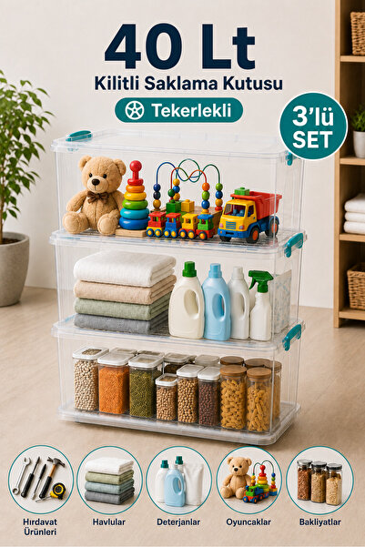 naturelove 3'lü Set 40 Lt Tekerlekli Kilitli Saklama Kutusu Çok Amaçlı Düzenl...