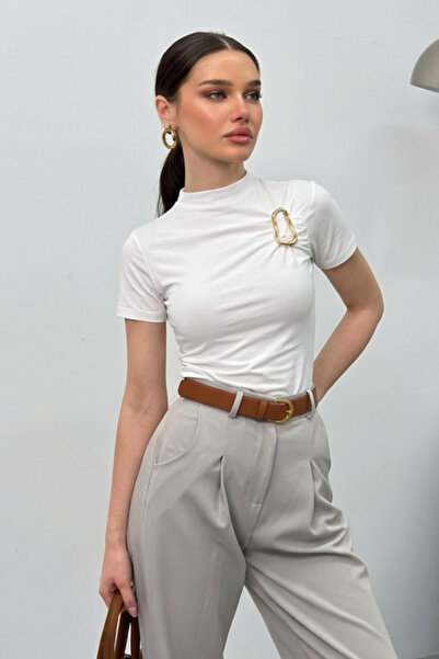 AKD Atelier Bluză elegantă pentru femei tricou cu mânecă scurtă, auriu detali...