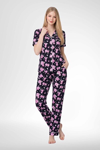 Mecit Pijama Mecit 6353 Lacivert Çiçek Desenli Boydan Düğmeli Kadın Pijama Ta...