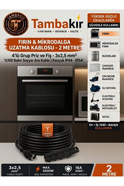 r Rosso Levanto Fırın Mikrodalga Uzatma Kablosu, 2 m, 4'lü Grup Priz ve Fiş, ...