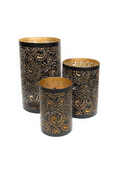 Souq DESIGNS Hurricane Candle Holder Set of 3 – Black Gold Paisley Henna Metal Pillar Candle Holders | Hurricane Lantern Tealight Table Centerpiece Flower Vase | Indoor Outdoor Ramadan Home Decor Gift