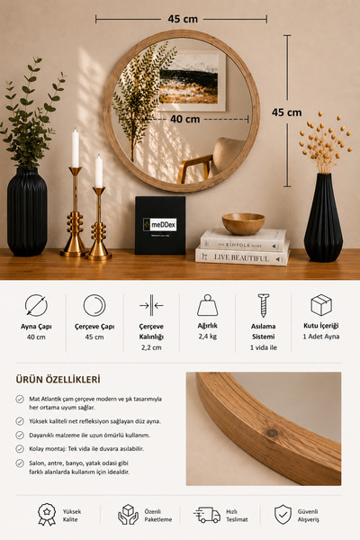 Round Entrance Hall Hallway Wall Living Room Kitchen Bathroom Office Mirror 45 Cm