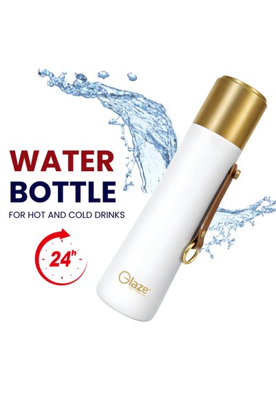 Glaze زجاجة ماء معزولة بالفراغ سعة 500 مل - قارورة حرارية من الفولاذ المقاوم للصدأ 304 - تحافظ على السخونة والبرودة لمدة 24 ساعة - تصميم أنيق باللونين الأبيض والذهبي مانع للتسرب