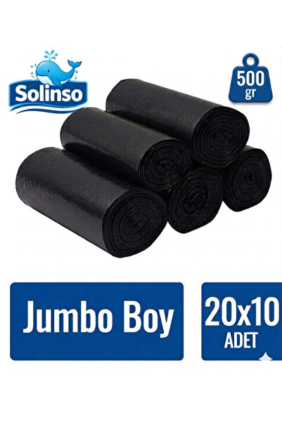 SOLINSO Kalın Çöp Torbası 10’lu 500 gr x 20 Rulo Siyah Çöp Poşeti 80x110 Cm J...