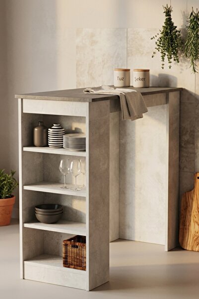 Yurupa Harwick 120cm 4 Raflı Bar Masası Mutfak Yemek Masası Beton-taş HAR1-GT