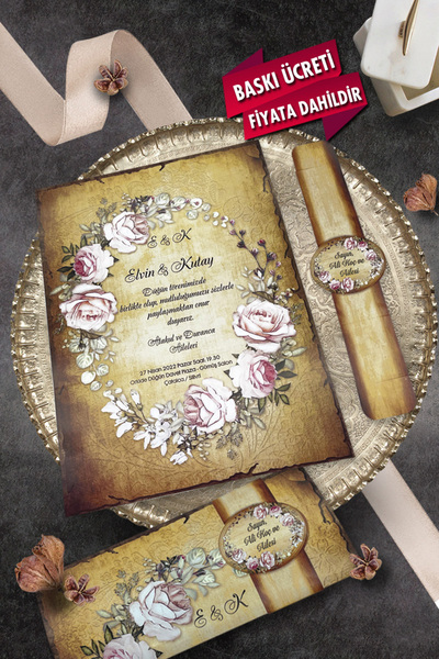 Cem Davetiye Düğün Nişan Nikah Kına Davetiyesi 996 (100 ADET) Baskı Dahil