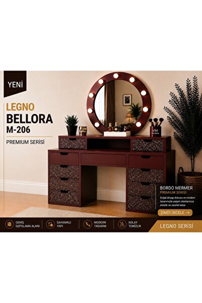 VM VERTEX MOBİLYA LEGNO BELLORA PREMIUM YUVARLAK AYNALI BORDO MERMER DESENLİ ...