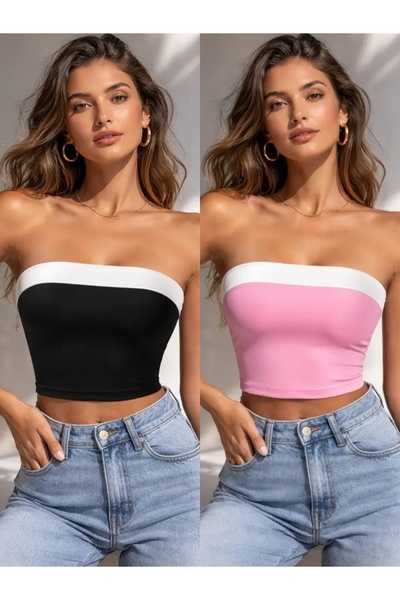 Olyssia Crop top premium pentru femei, negru - roz, cu dungi, mulat pe corp, ...