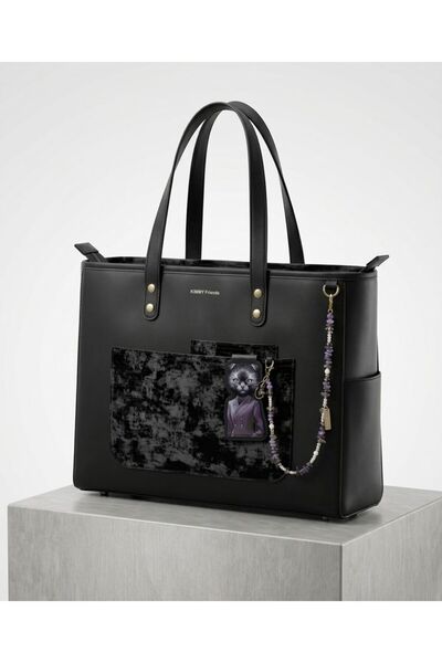 snapcart Women’s Black Tote Handbag with Cat Charm Pendant, Large Capacity Sh...