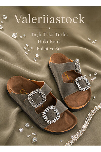 Valeriiastock New Season Stone Buckle Slippers Double Buckle Khaki Color