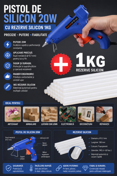 OEM HomeRoy – Pistol de Silicon 20W cu Rezerve 1kg (Ø 0.7 mm)