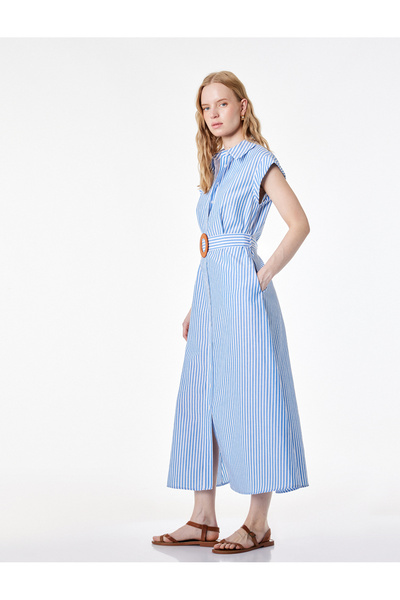 Koton Buttoned Sleeveless Belted Striped Shirt Dress