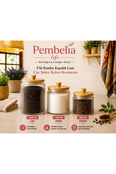 Kitchen Pembelia 3’lü Bambu Vakum Kapaklı Cam Kavanoz Seti Çay Şeker Kahve Ka...